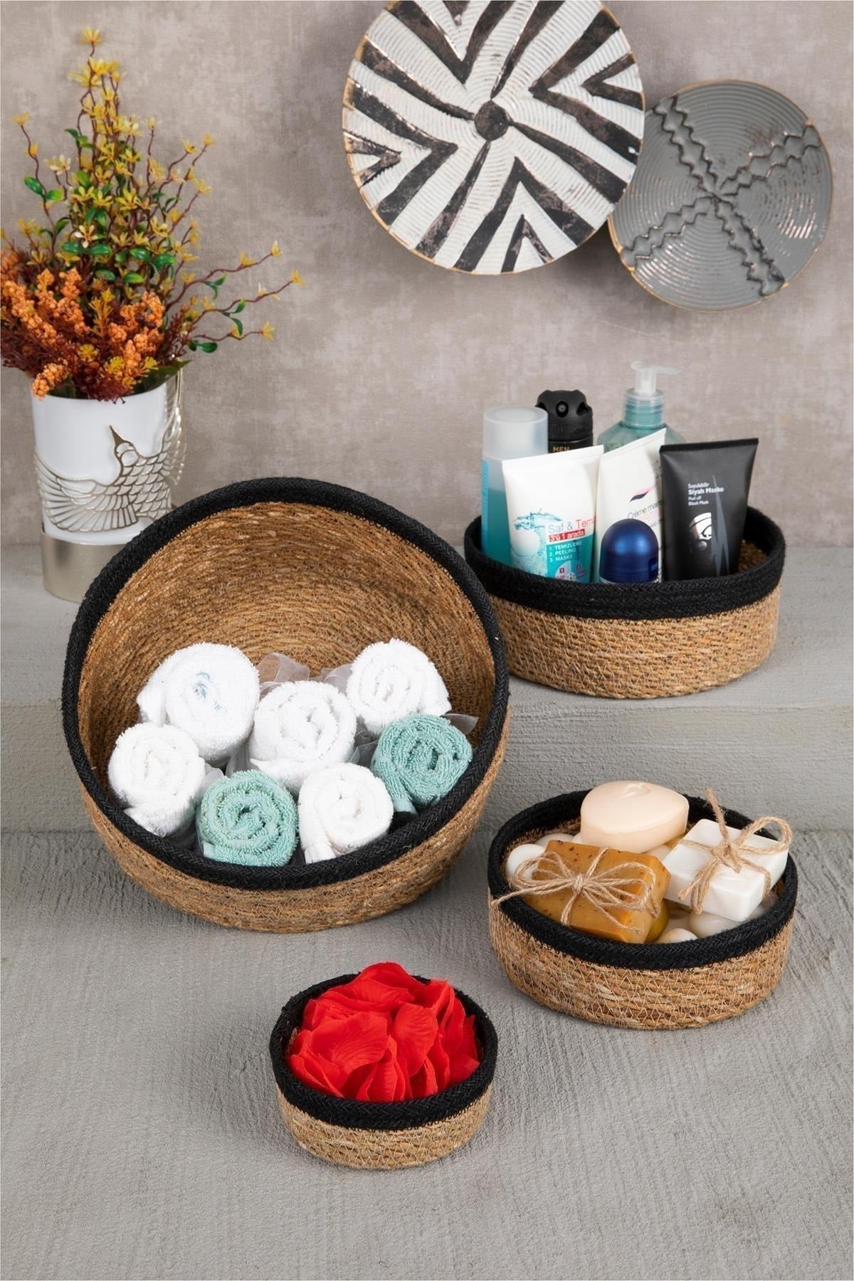 Naturel Hasır Sepet Organizer, Banyo Organizer, Siyah Şeritli 7 Boy