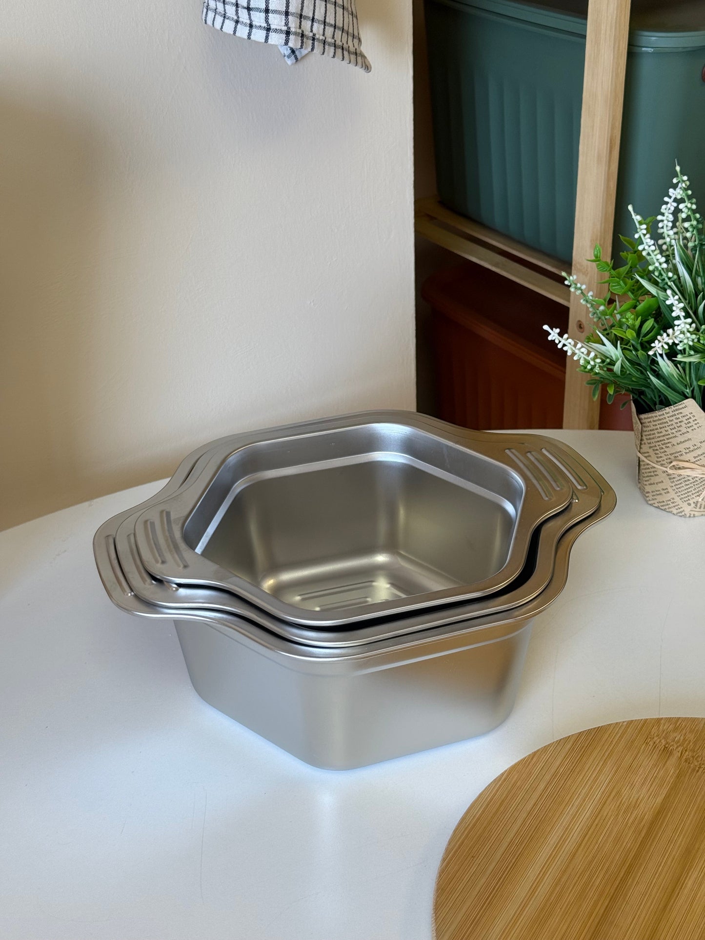Garden Altıgen 3 Boy Karaştırma Kase Sunumluk Gümüş 24 cm, 20 cm, Gümüş KOD:9871–72-73