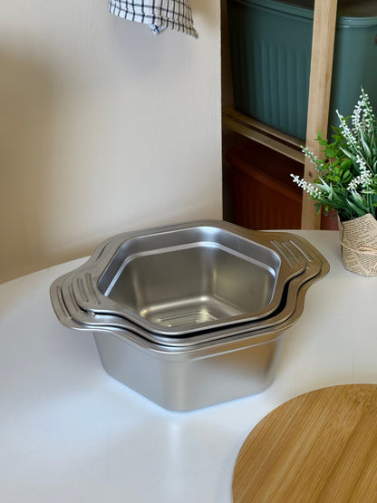 Garden Altıgen 3 Boy Karaştırma Kase Sunumluk Gümüş 24 cm, 20 cm, Gümüş KOD:9871–72-73