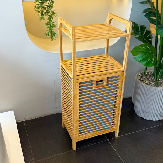 AURENO Bambu Kirli Çamaşır Sepeti 2 Katlı Raflı Banyo Dolabı 95x40x30 cm