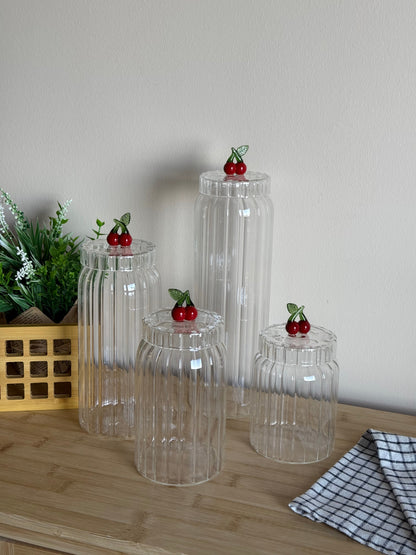 Strawberry Çizgili Borosilikat Cam Kavanoz Seti 4 Boy KOD:11341-42-43-44
