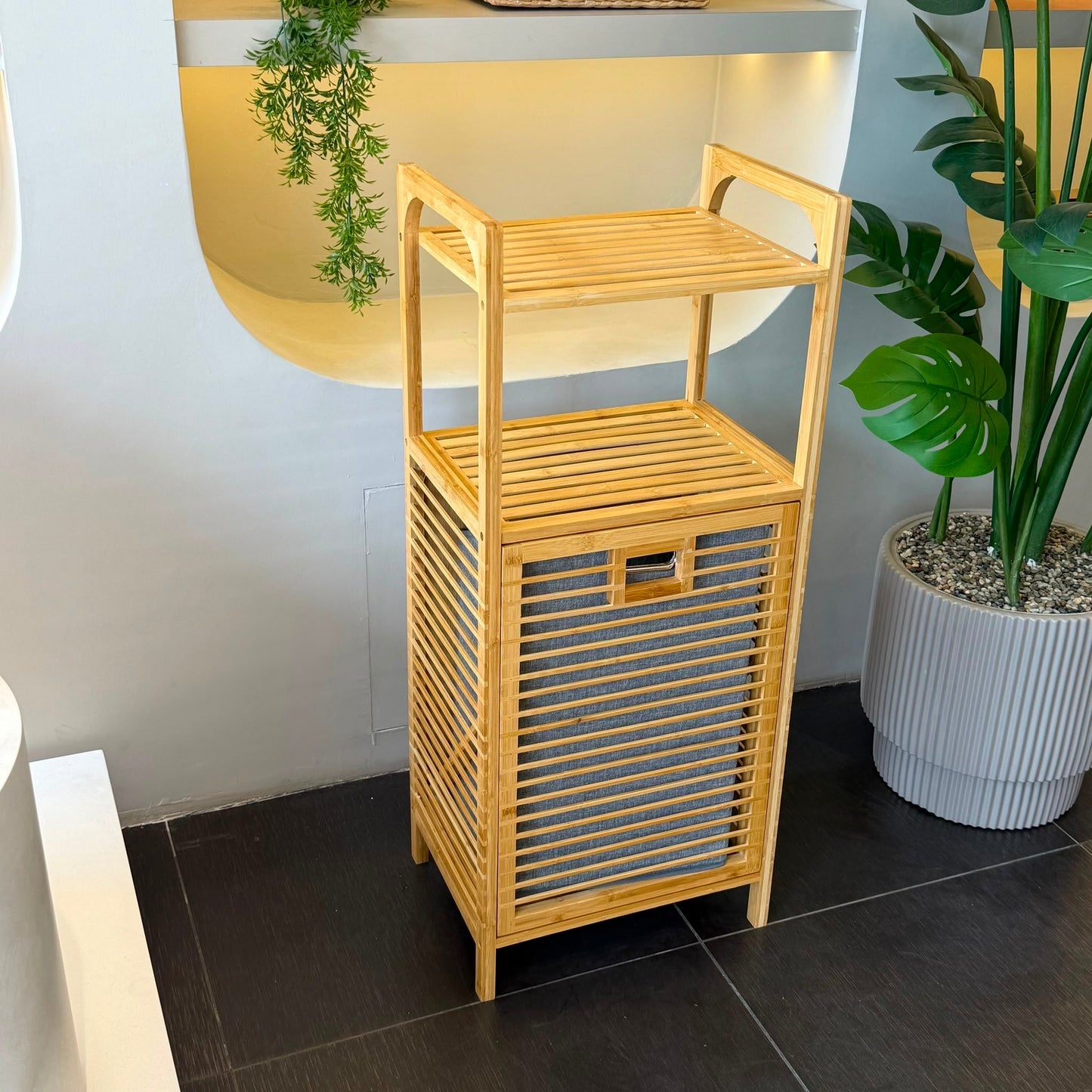 AURENO Bambu Kirli Çamaşır Sepeti 2’li Set – 2 Katlı Raflı Banyo Dolabı 95x40x30 cm