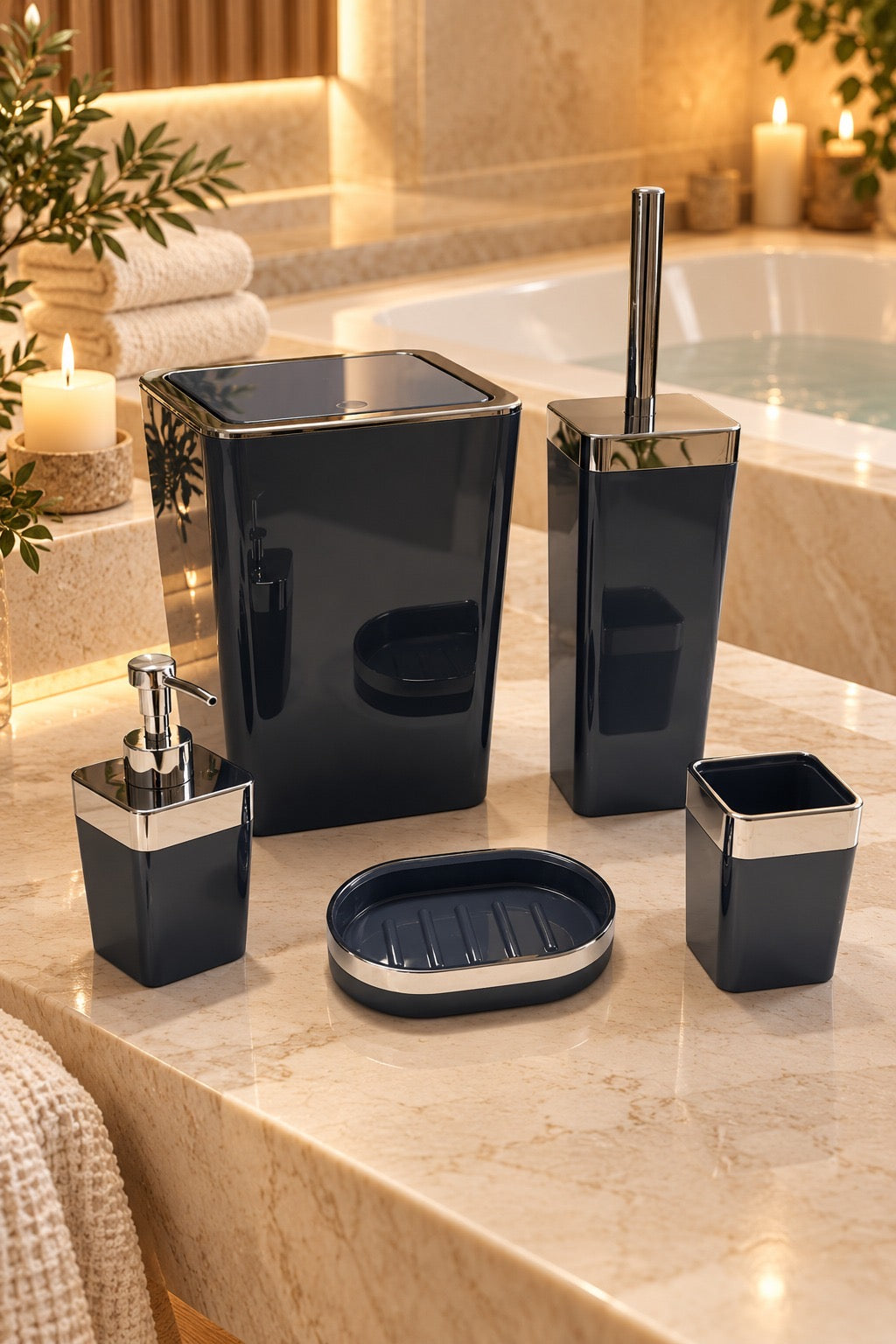 5'li Akrilik Banyo Seti Siyah-Gümüş