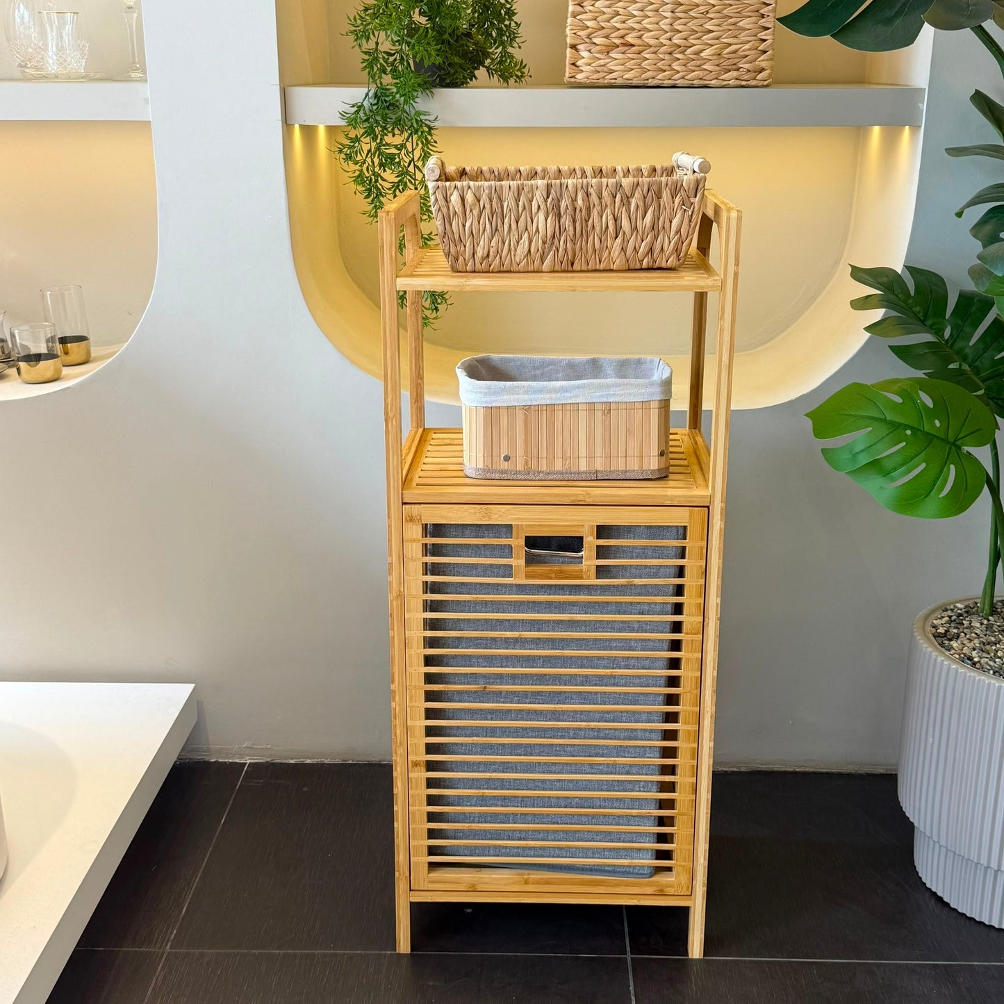 AURENO Bambu Kirli Çamaşır Sepeti 2’li Set – 2 Katlı Raflı Banyo Dolabı 95x40x30 cm