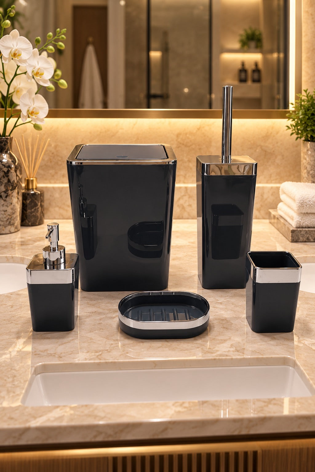 5'li Akrilik Banyo Seti Siyah-Gümüş