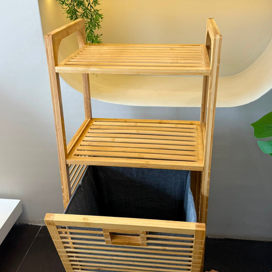 AURENO Bambu Kirli Çamaşır Sepeti 2 Katlı Raflı Banyo Dolabı 95x40x30 cm