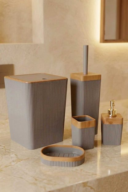 5'li Bambu Görünümlü Banyo Takımı Gri