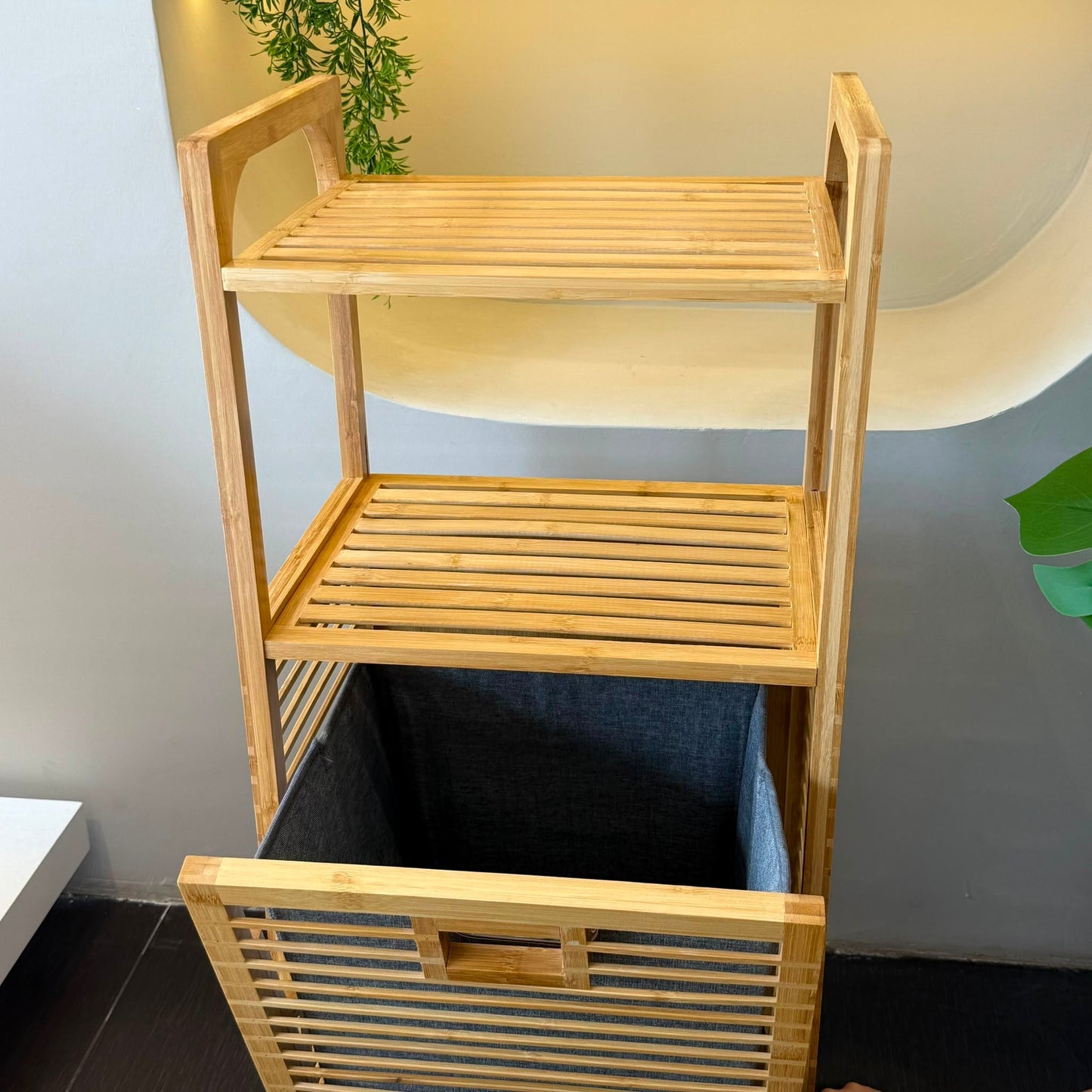 AURENO Bambu Kirli Çamaşır Sepeti 2’li Set – 2 Katlı Raflı Banyo Dolabı 95x40x30 cm