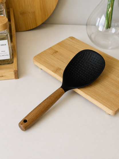 Cook Akasya Ağacı Tutmalı Silikon Pirinç Kaşığı Siyah KOD:10957