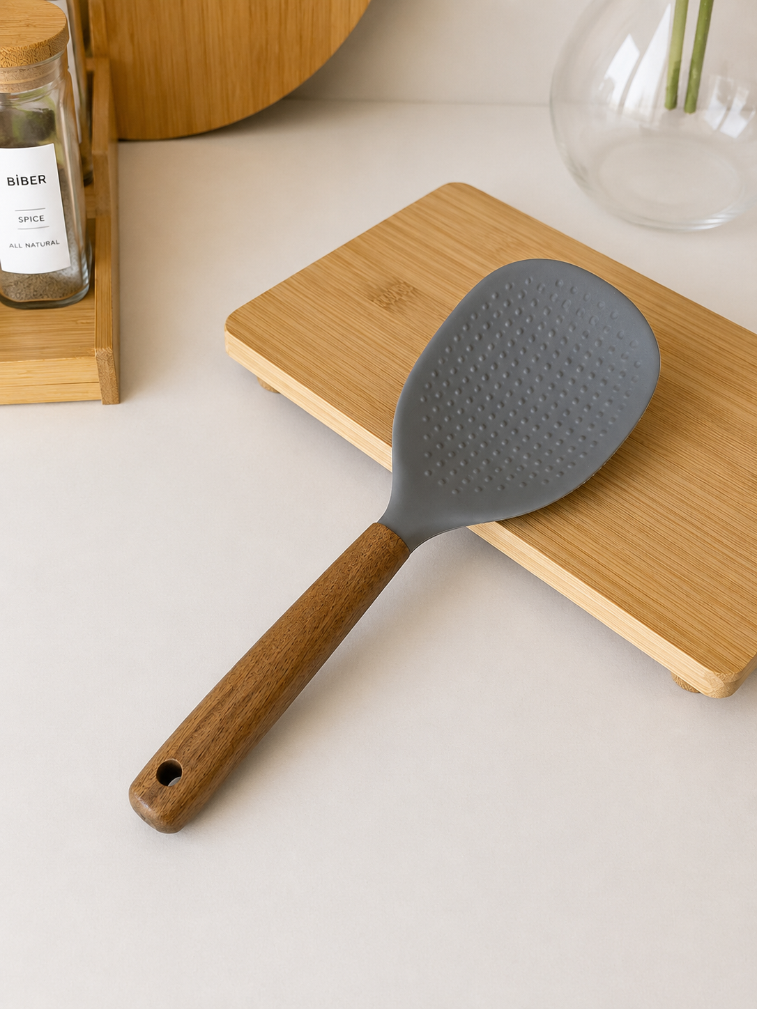 Cook Akasya Ağacı Tutmalı Silikon Pirinç Kaşığı Bej KOD:10957