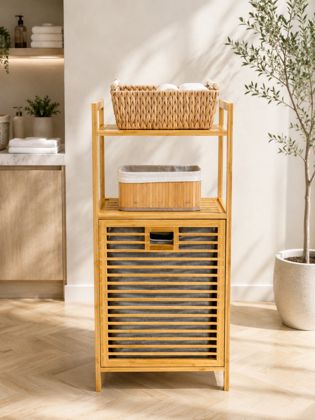 AURENO Bambu Kirli Çamaşır Sepeti 2 Katlı Raflı Banyo Dolabı 95x40x30 cm