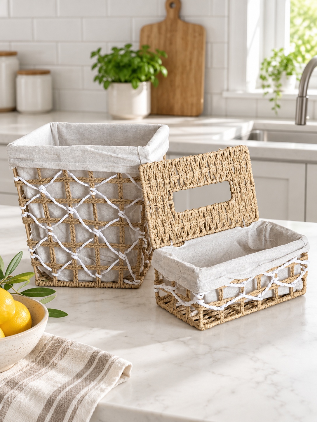 Kuky Naturel Hasır Sepet ve Peçetelik İkili Set